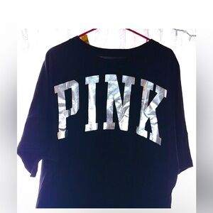 Victorias Secret Pink varsity t shirt silver foil bling logo XL NWOT black top
